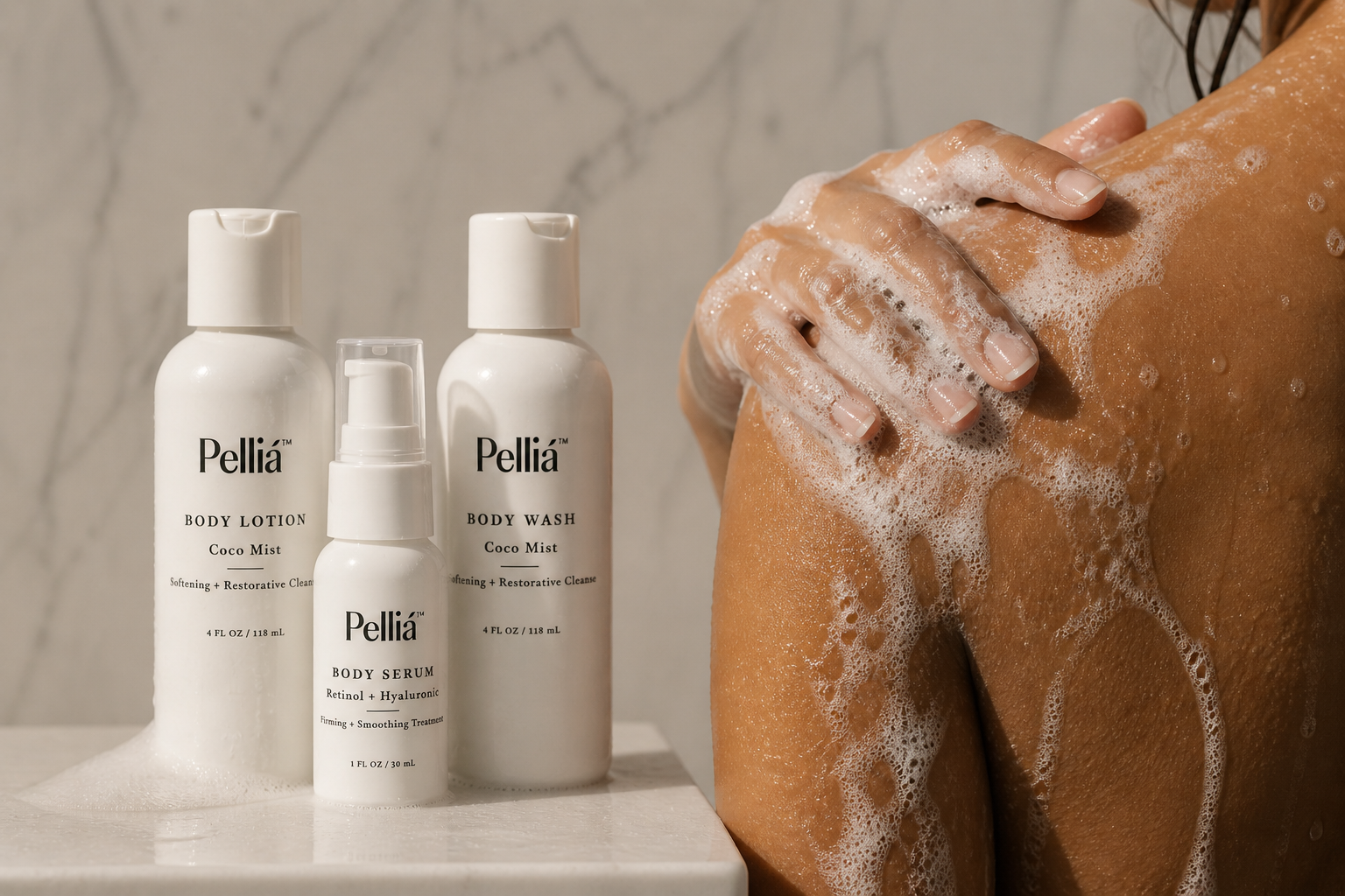 Pellia skincare products on a surface with a person applying soap to their skin.